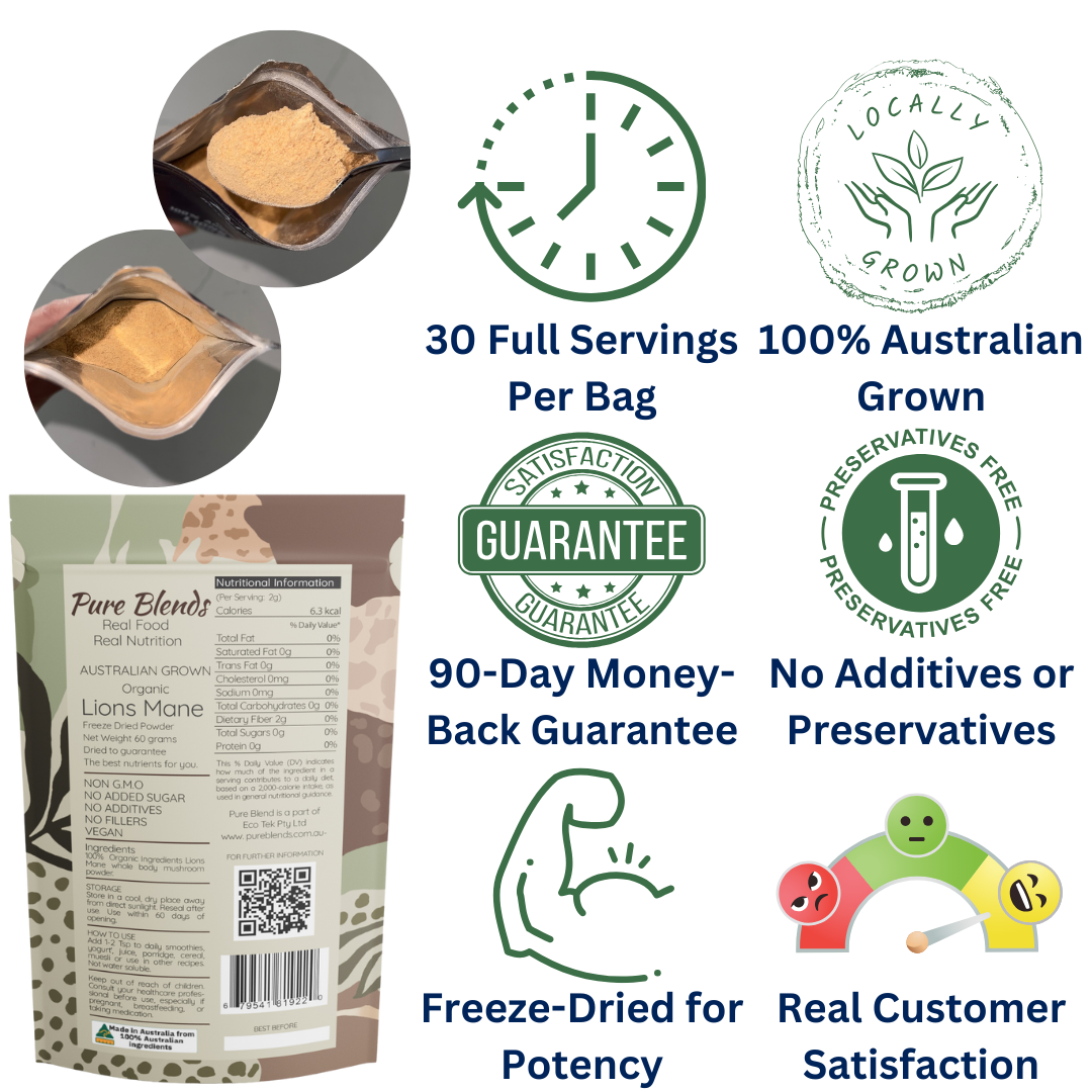 100% Australian Grown Lions Mane Mushroom Freeze Dried Powder