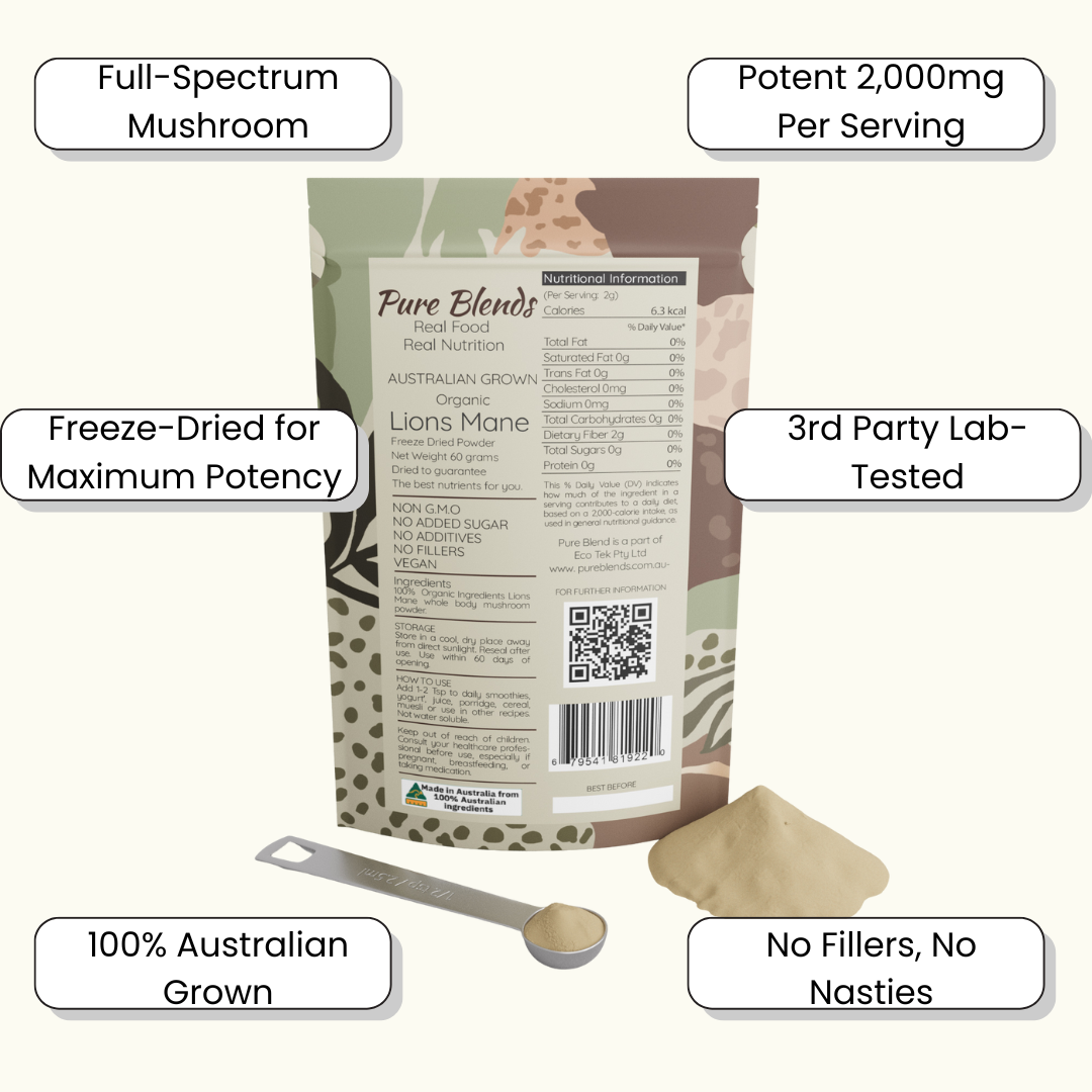 100% Australian Grown Lions Mane Mushroom Freeze Dried Powder